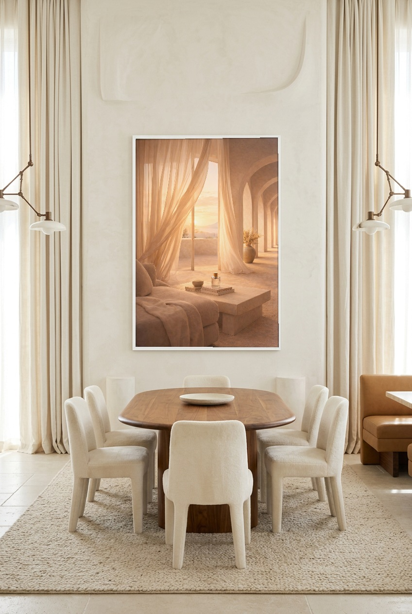 Lumière d’Arc — poster in witte lijst in een eetkamer
