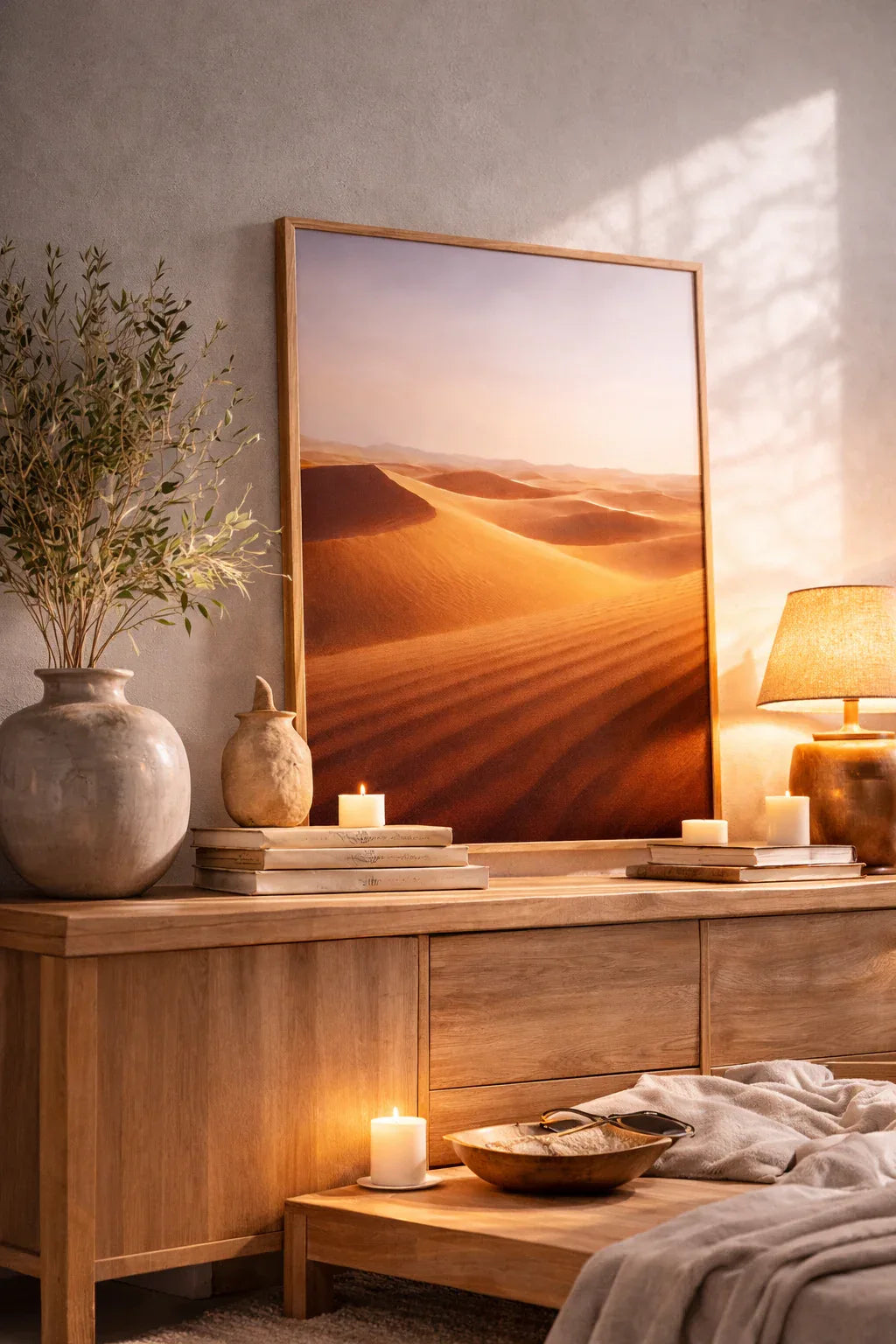 Dunes Dorées poster framed in Bois on wooden sideboard with candles and lamp, minimalistic elegant wall art decoration.