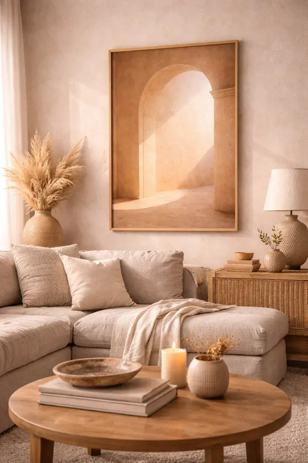 Arche de Lumière framed poster in wood, minimalist interior with beige sofa, dried flowers, and soft natural light.