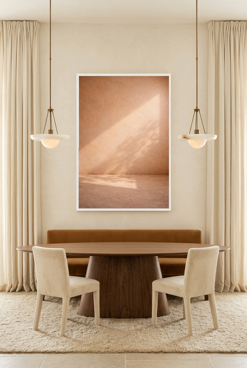 Lumière Solaire — affiche en cadre blanc dans une salle à manger