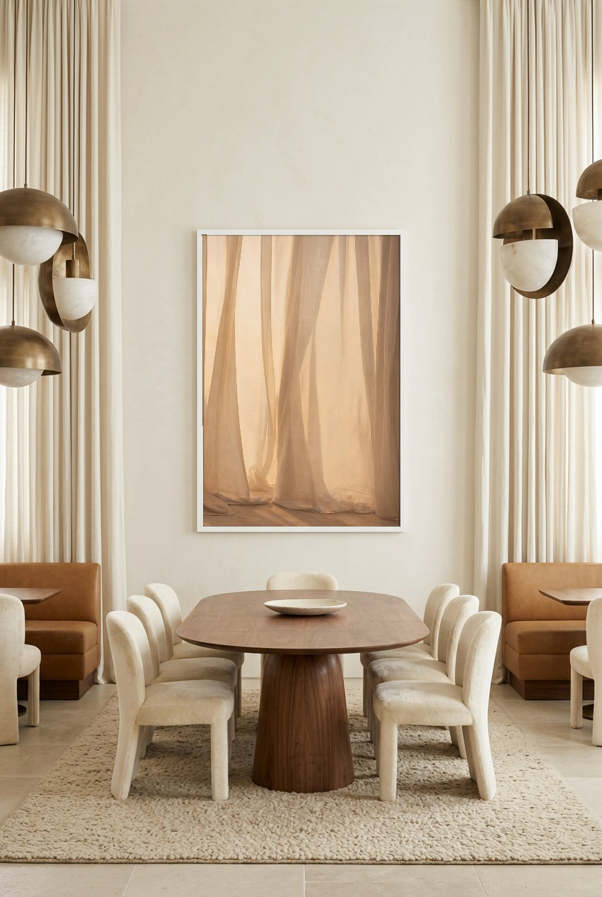 Voile de Lumière — poster in witte lijst in een eetkamer