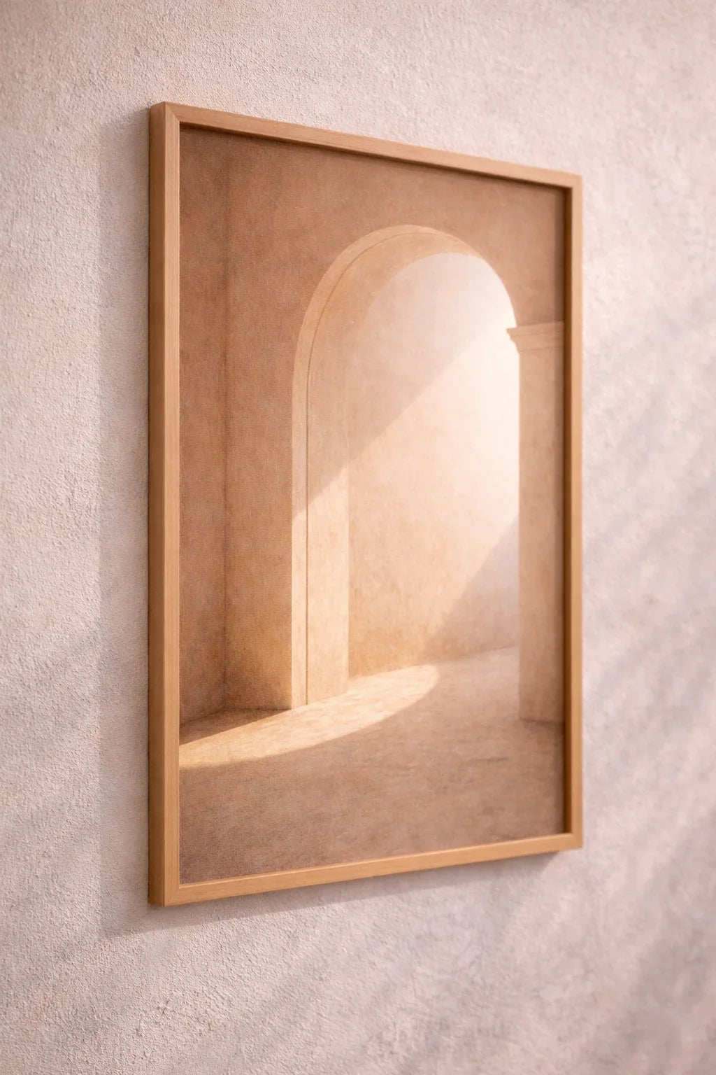 Arche de Lumière framed in wood, minimalist wall art with soft light and shadow, premium matte art paper print, elegant decor.