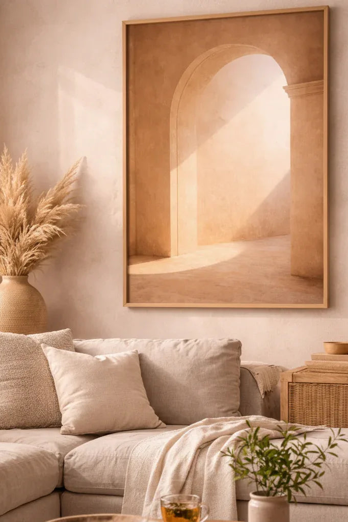 Arche de Lumière minimalist wall art with wooden frame displayed in elegant living room, premium matte art paper print