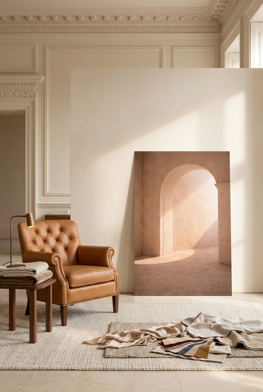 Arch of Light — unframed poster leaning on the floor in a living room