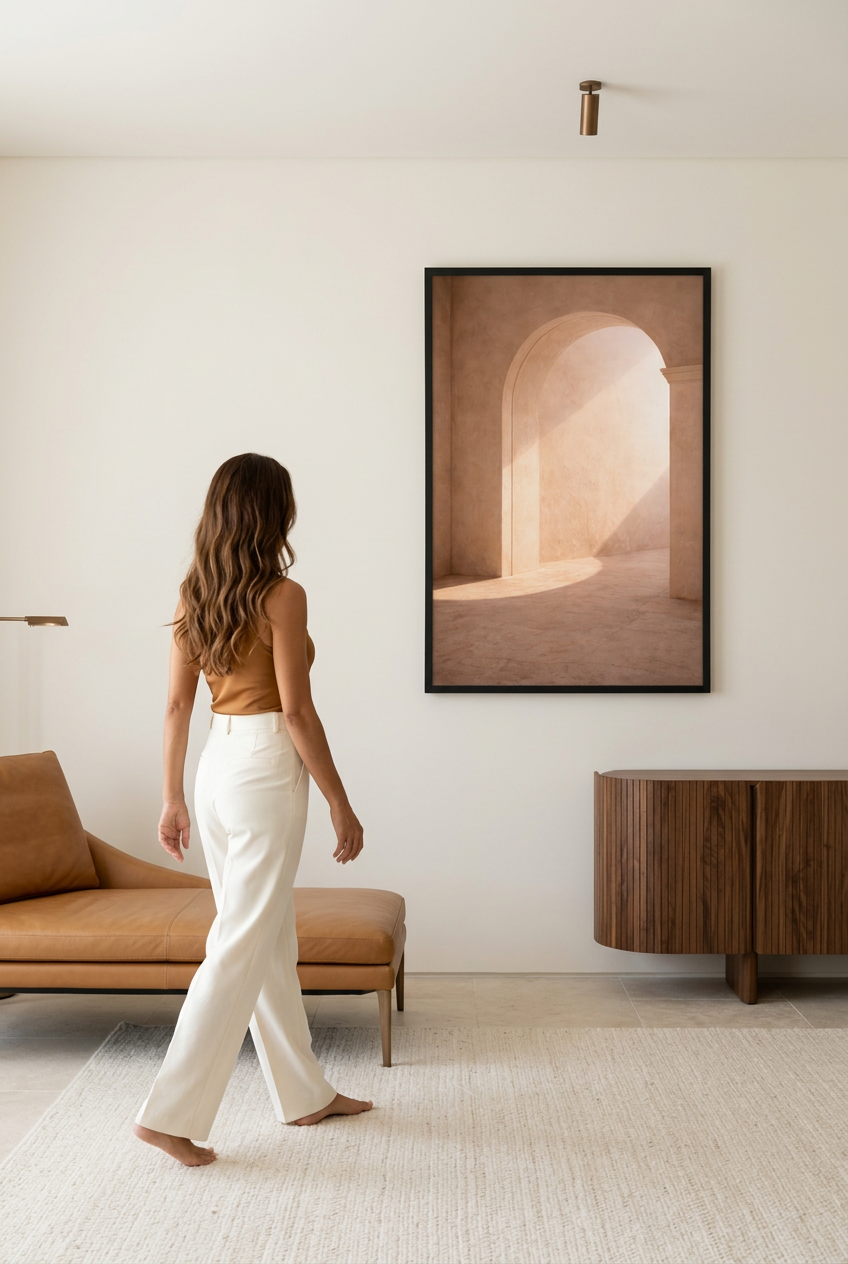 Arch of Light — woman in front of the poster in a black frame
