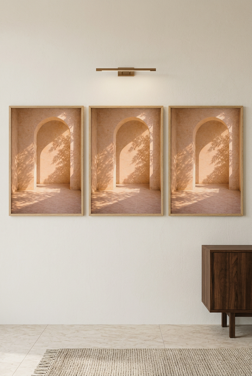 Solar Arch — three posters in oak frames on a light wall