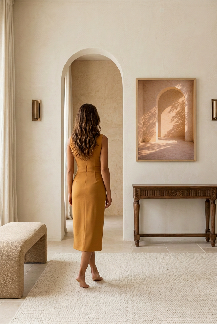 Solar Arch — woman in front of the poster in an oak frame in an entryway