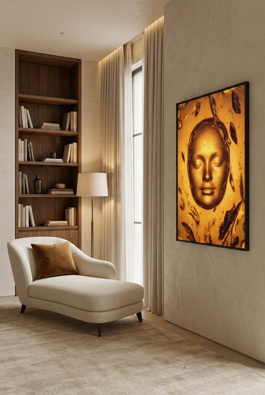 Gold Bath — poster in a black frame in a living room