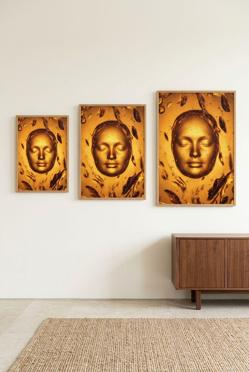 Gold Bath — three sizes of the poster in oak frames