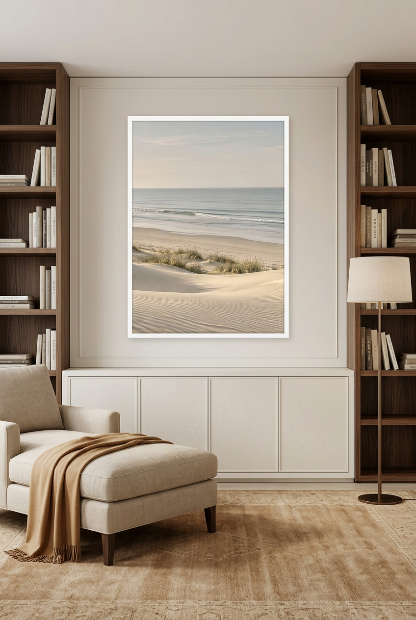 La Vague Lointaine — affiche en cadre blanc dans une bibliothèque