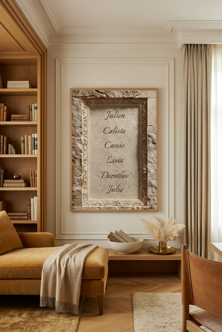 I Nomi Incisi — poster personalizzabile: nomi della famiglia incisi in una cornice di pietra, in una biblioteca