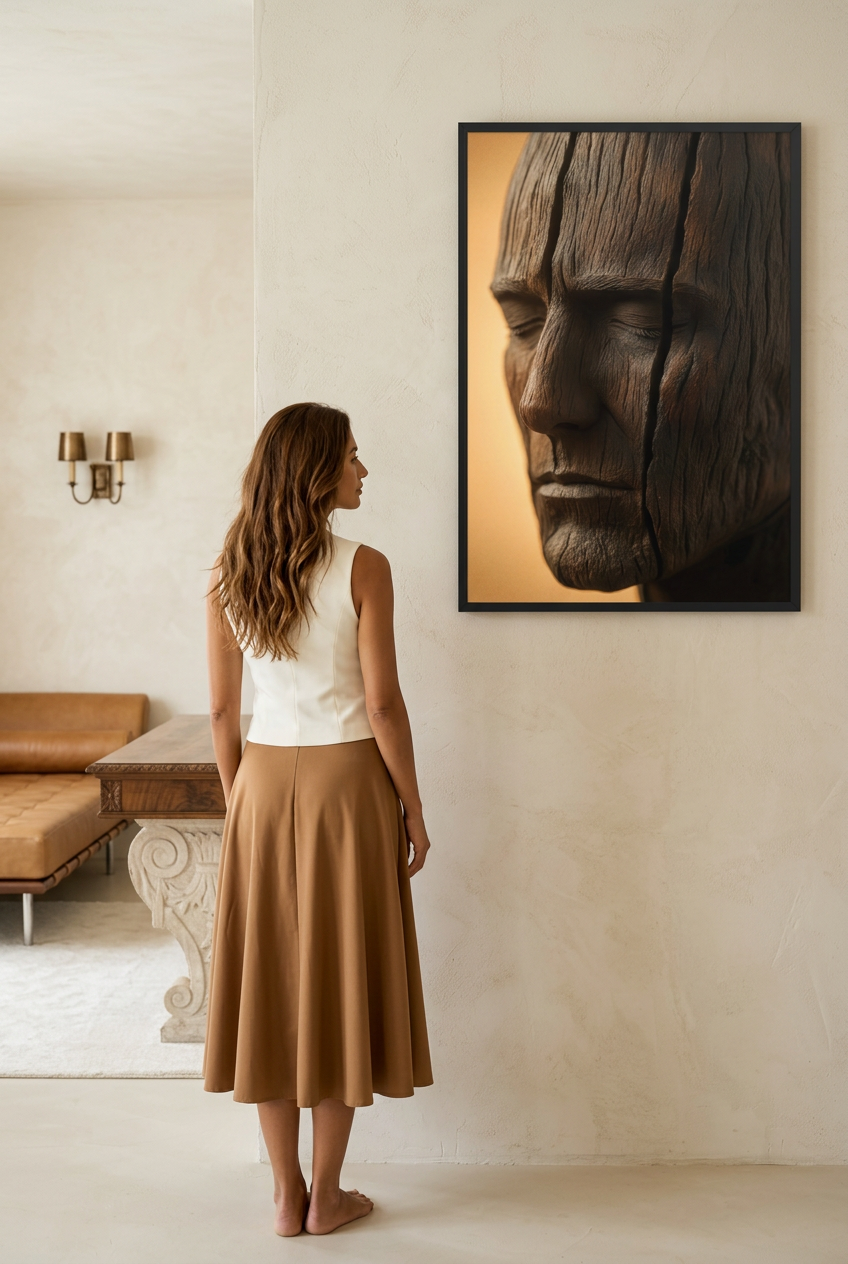 Sleeping Wood — woman in front of the poster in a black frame