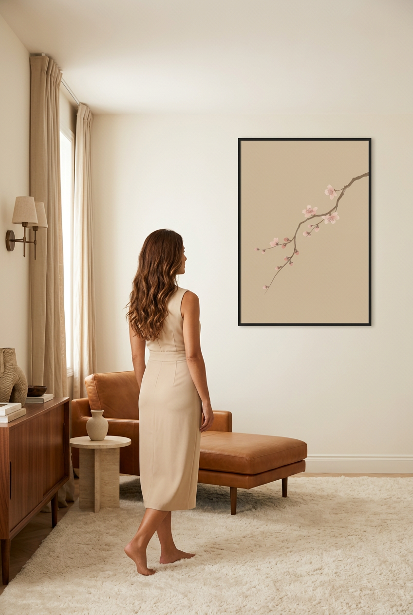 Cherry Blossom Branch — woman in front of the poster in a black frame