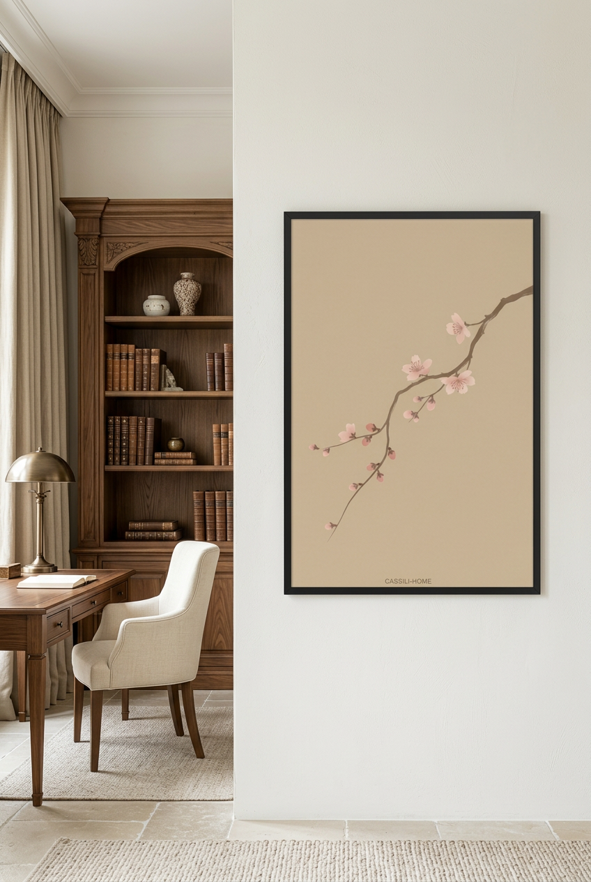 Cherry Blossom Branch — poster in a black frame in a home office