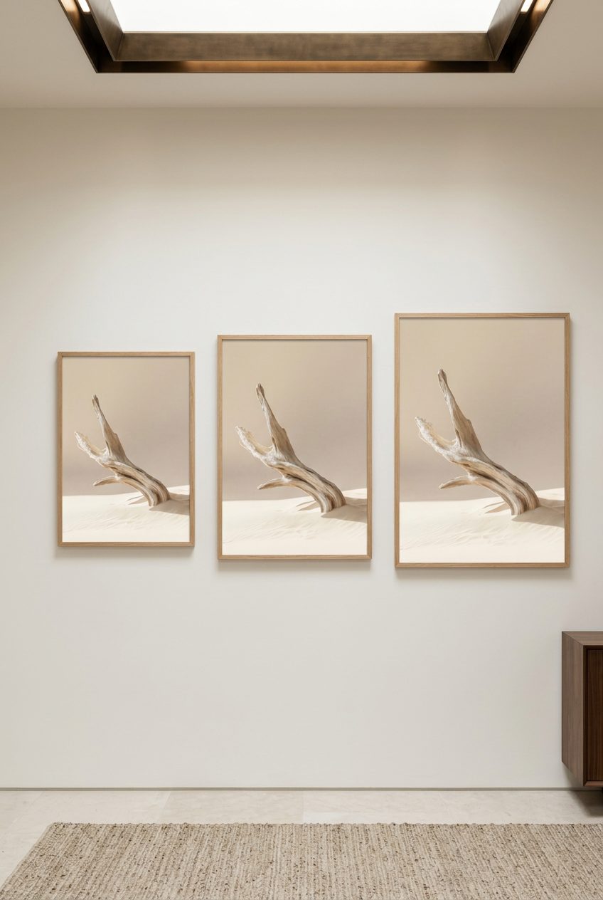 Standing Branch — three sizes of the poster in oak frames