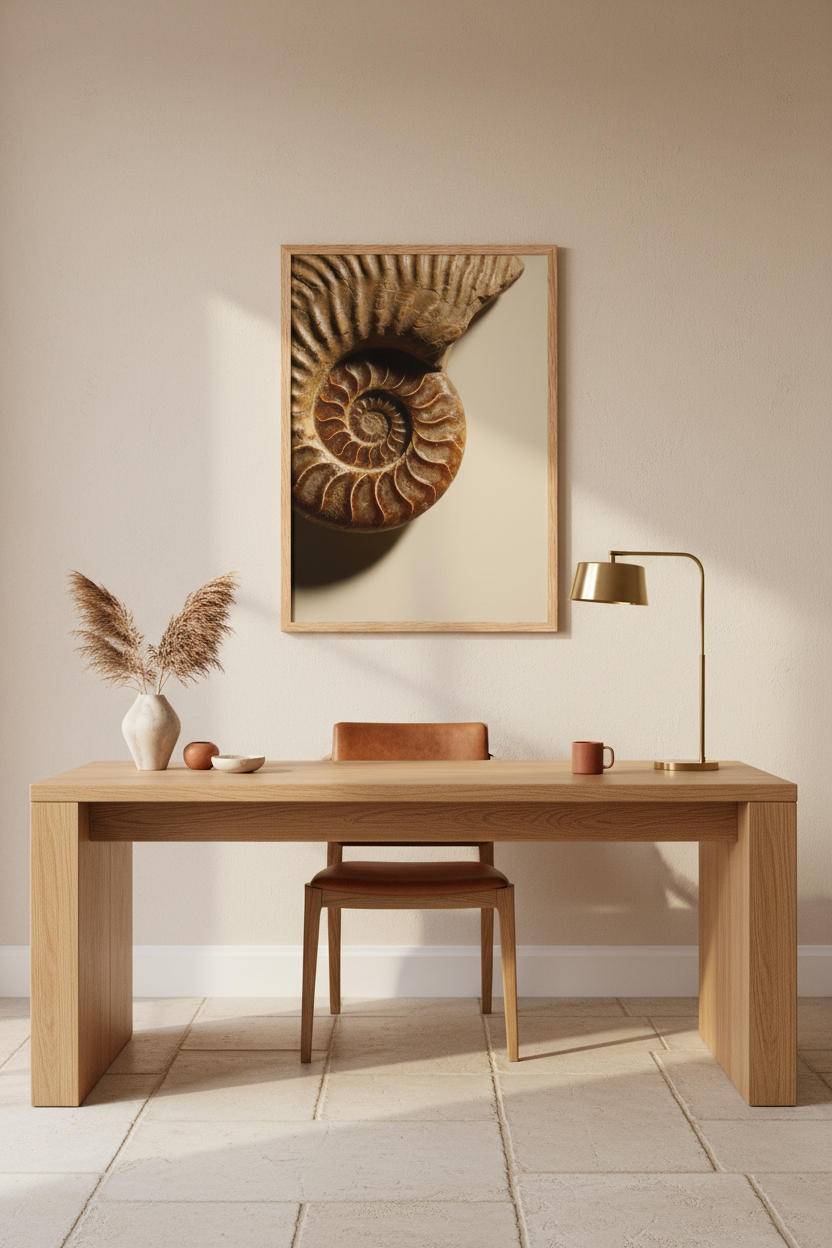 Spirale d'Ammonite—Affiche murale minimaliste or brun texture minérale — affiche murale minimaliste | Cassili-home