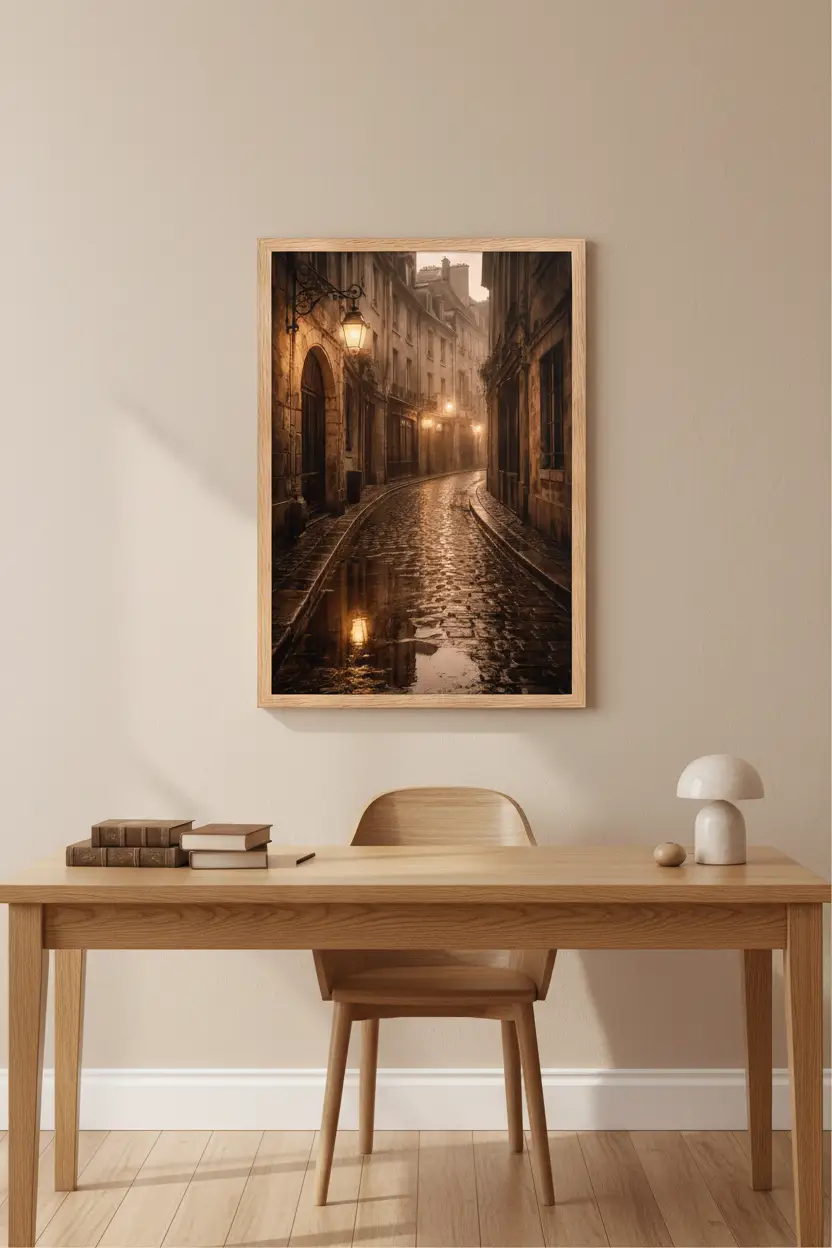 La Ruelle Sous La Pluie — Affiche Murale Minimaliste Or Pierre Lumière — affiche murale minimaliste | Cassili-home