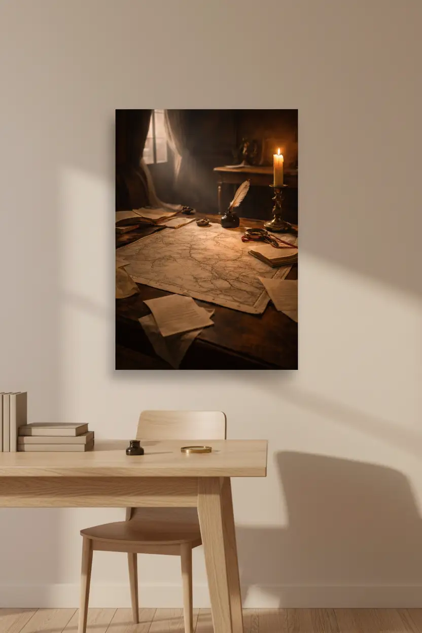 Table du Cartographe — Affiche Murale Minimaliste Ambre et Bois Lumière Intime et Cartographie Rétro — affiche murale minimaliste | Cassili-home