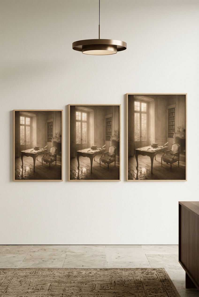 Philosopher's Study — three sizes of the poster in oak frames