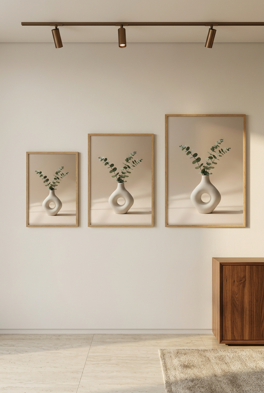 Circle & Eucalyptus — three sizes of the poster in oak frames