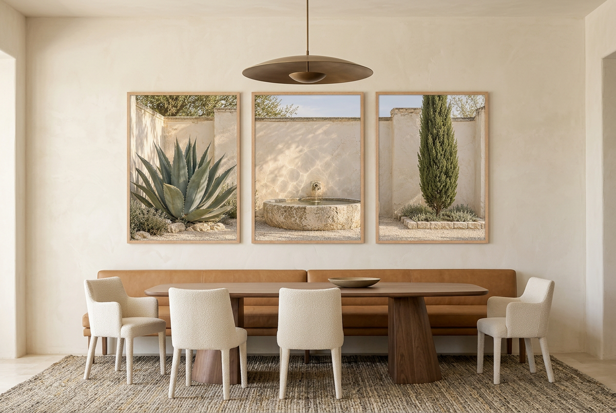 The Agave Fountain — wall triptych, solid oak frames, in a dining room