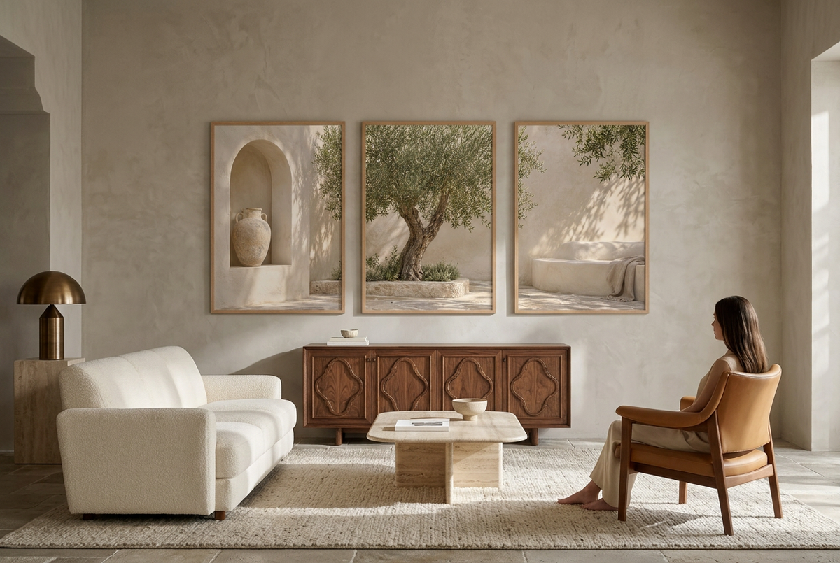 The Walled Garden — wall triptych, solid oak frames, in a living room