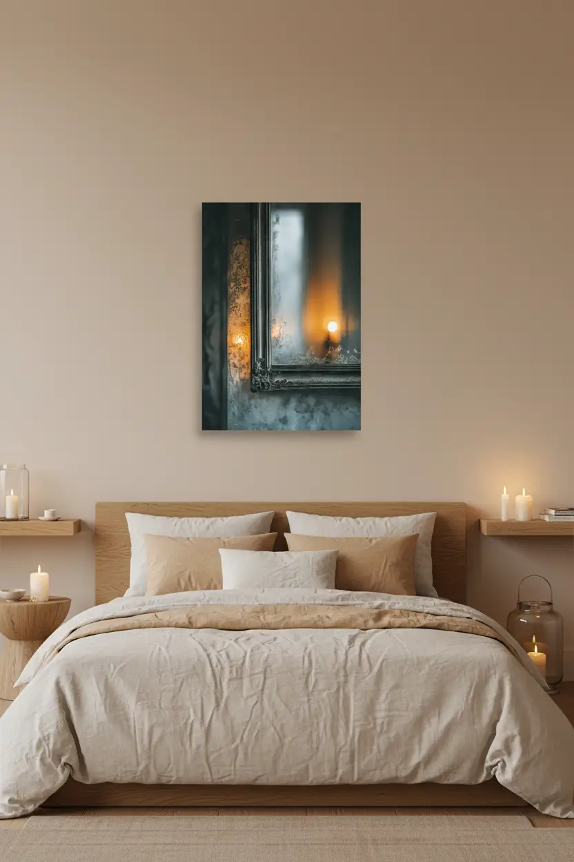 La Bougie du Miroir — Affiche murale minimaliste Bleu-Gris lumière chaude et reflet — affiche murale minimaliste | Cassili-home