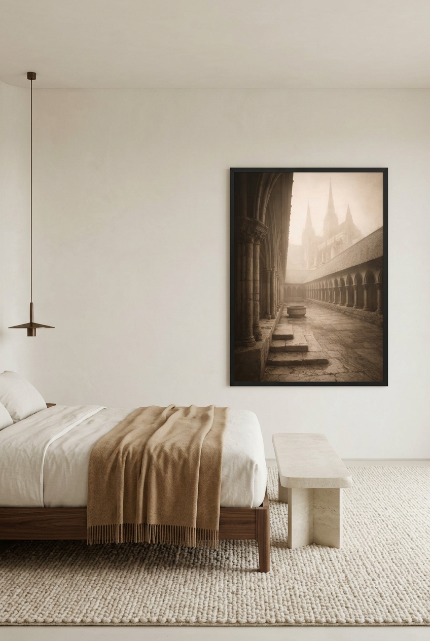 Cloister in the Mist — poster in a black frame in a bedroom