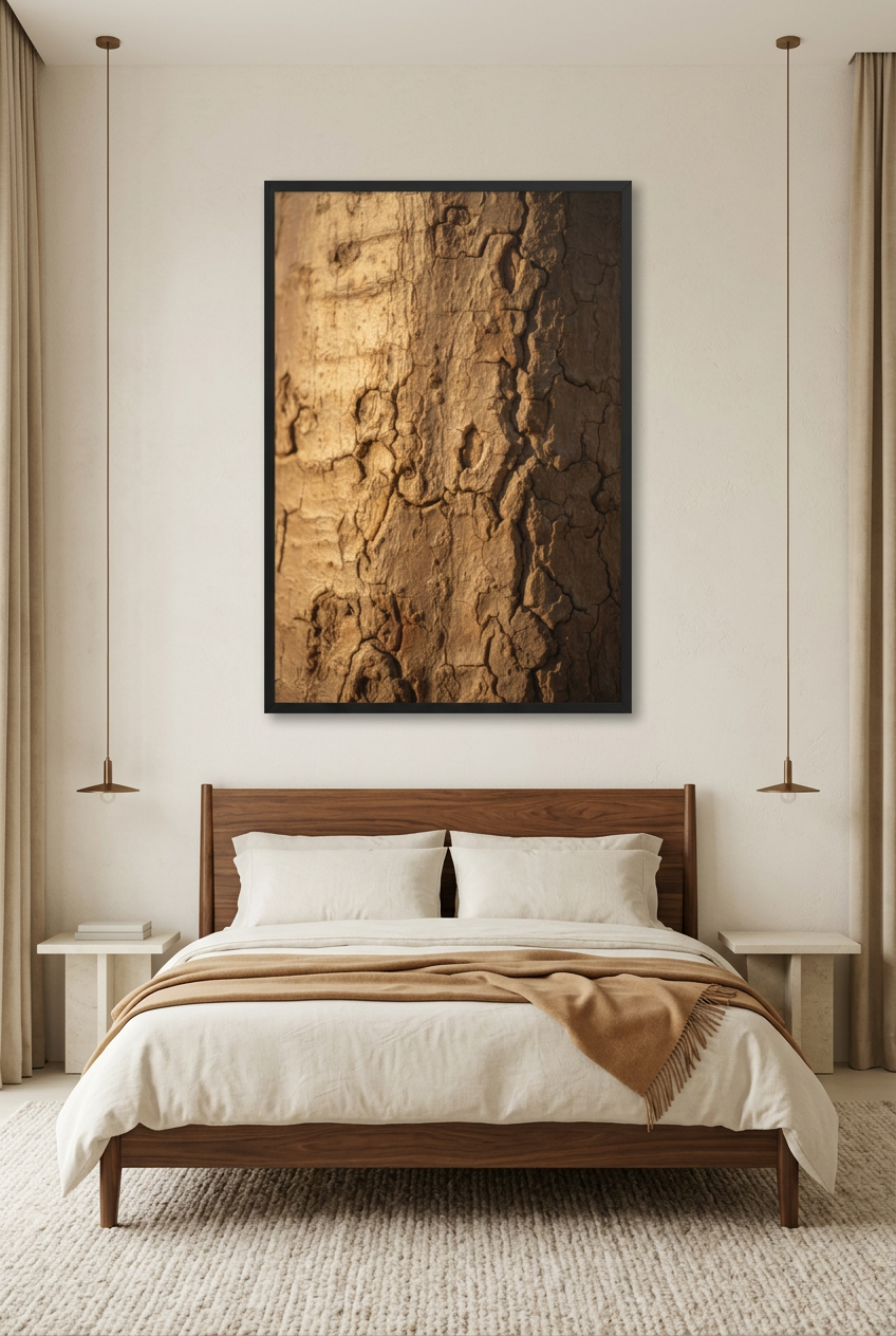 Casca Queimada — poster com moldura preta por cima de uma cama