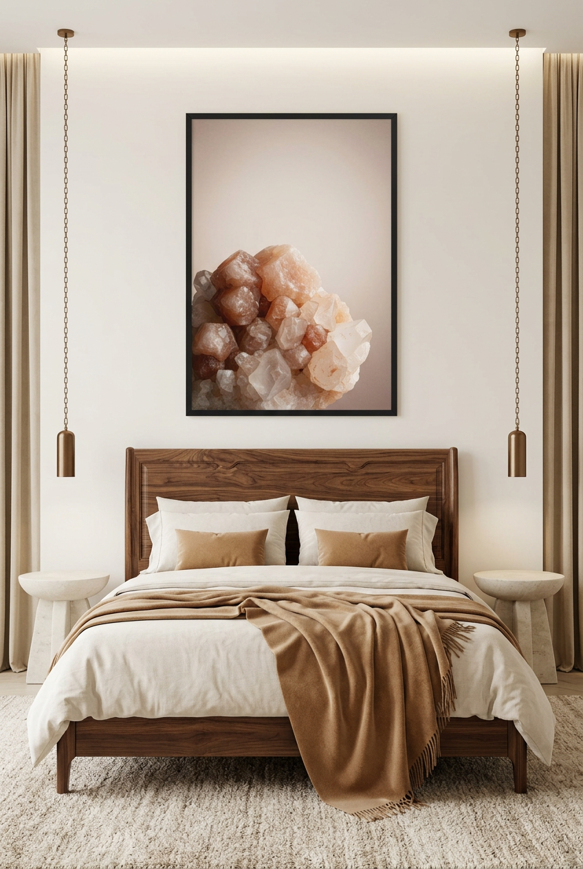 Rå Kristall — affisch i svart ram ovanför en säng