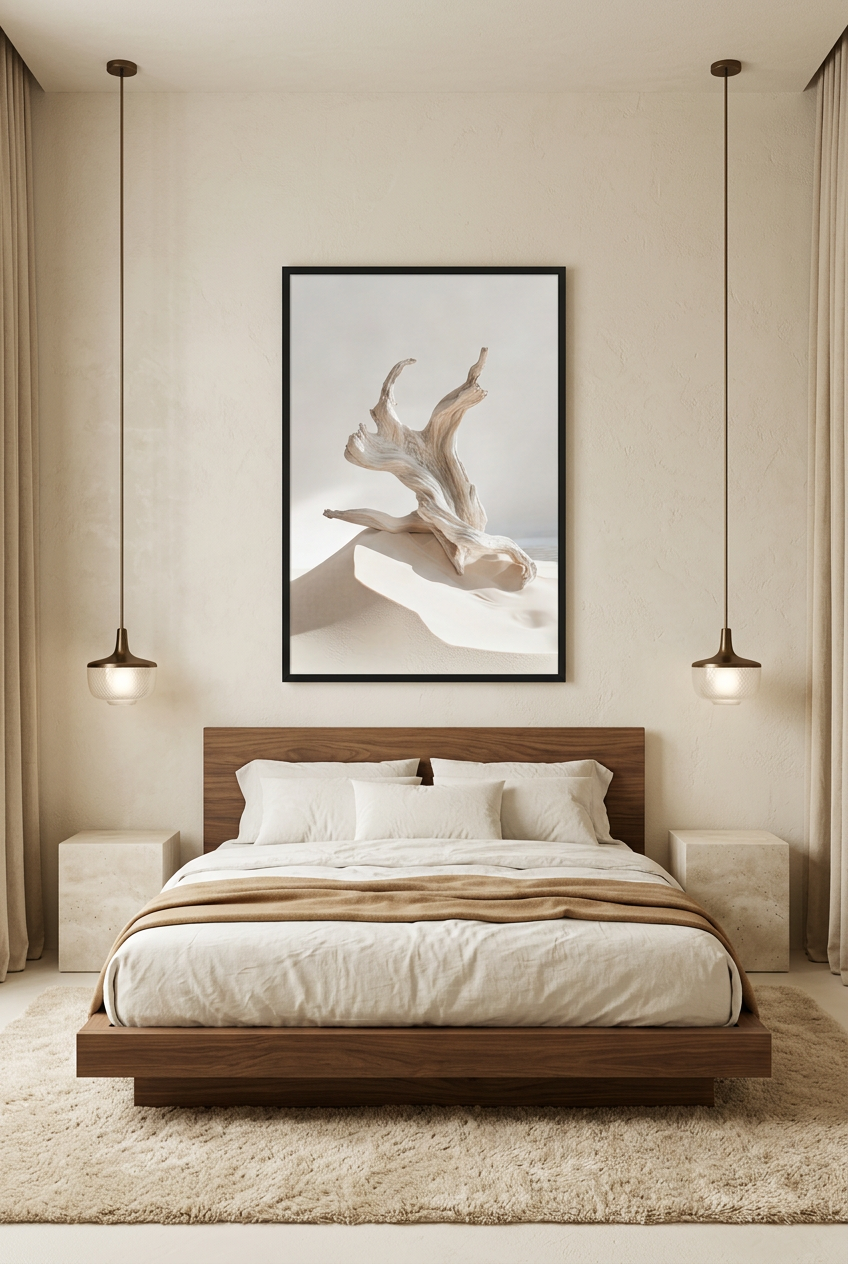 Shore Dance — poster in a black frame above a bed