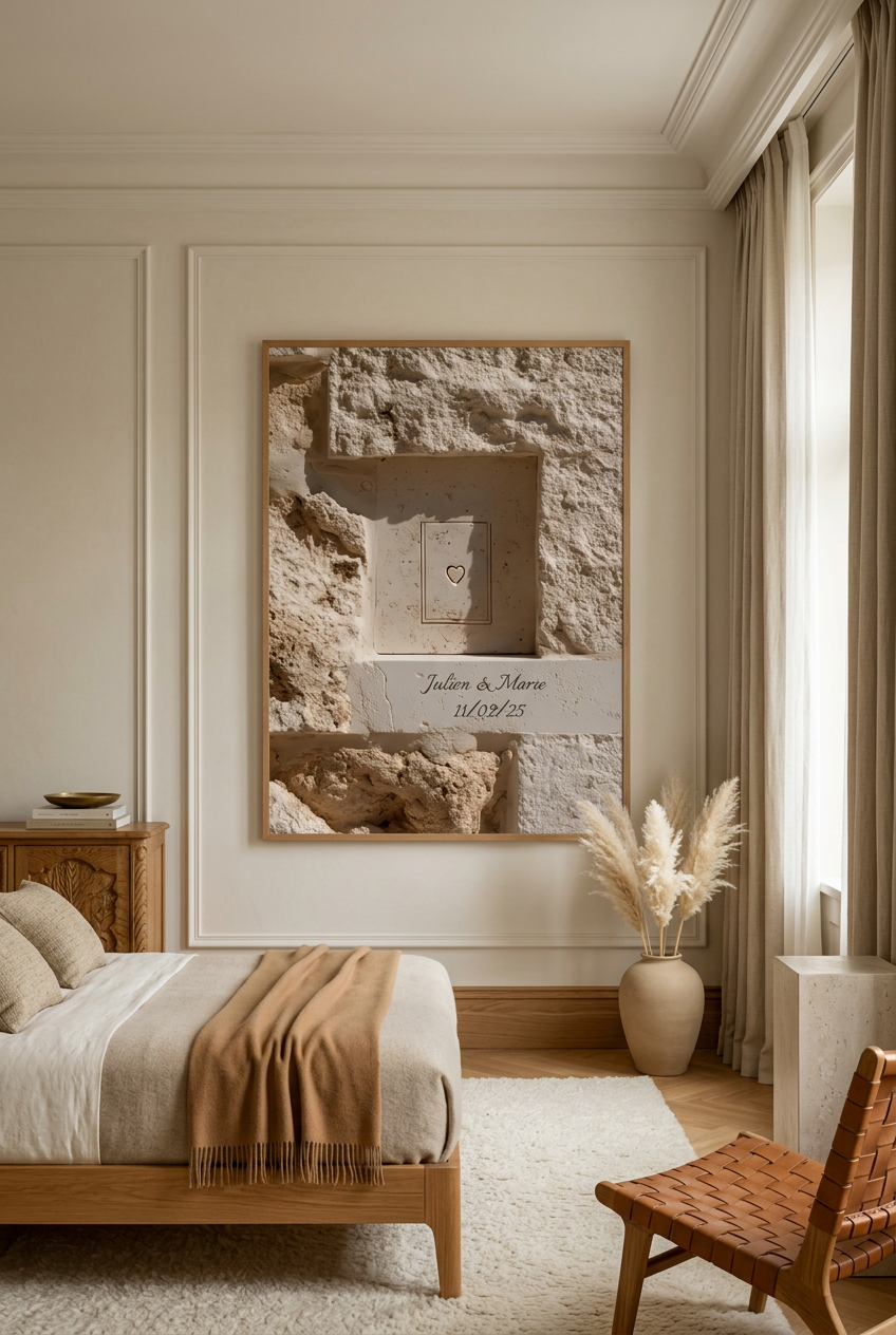 Inciso nella Pietra — poster personalizzabile: pietra mediterranea incisa con due nomi e una data, in una camera da letto