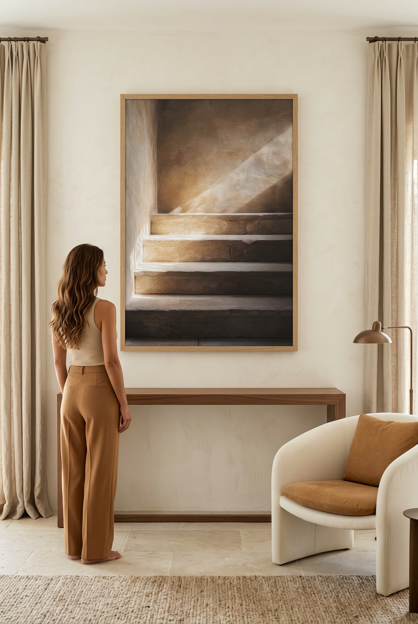 Diagonal — mujer frente al póster con marco de roble