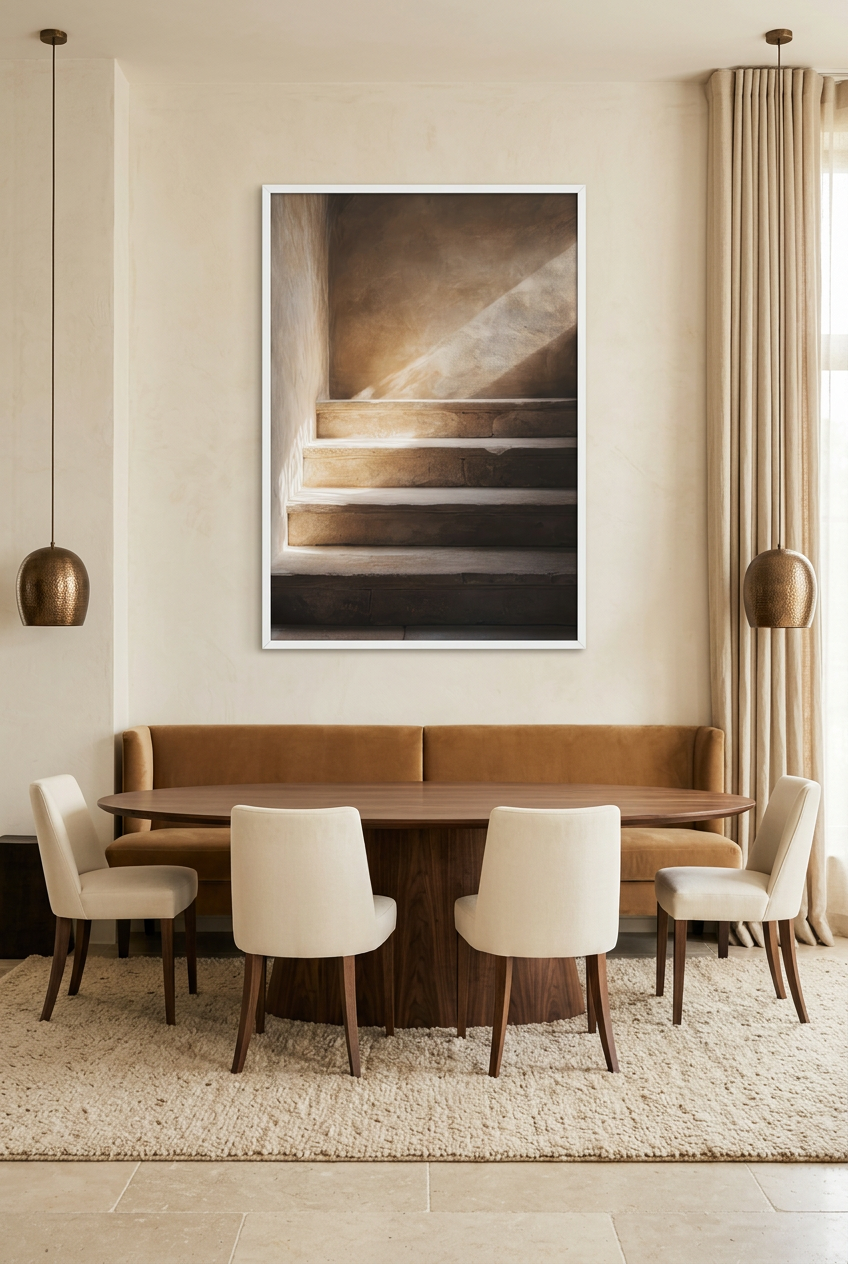 Diagonal — poster in a white frame in a dining room