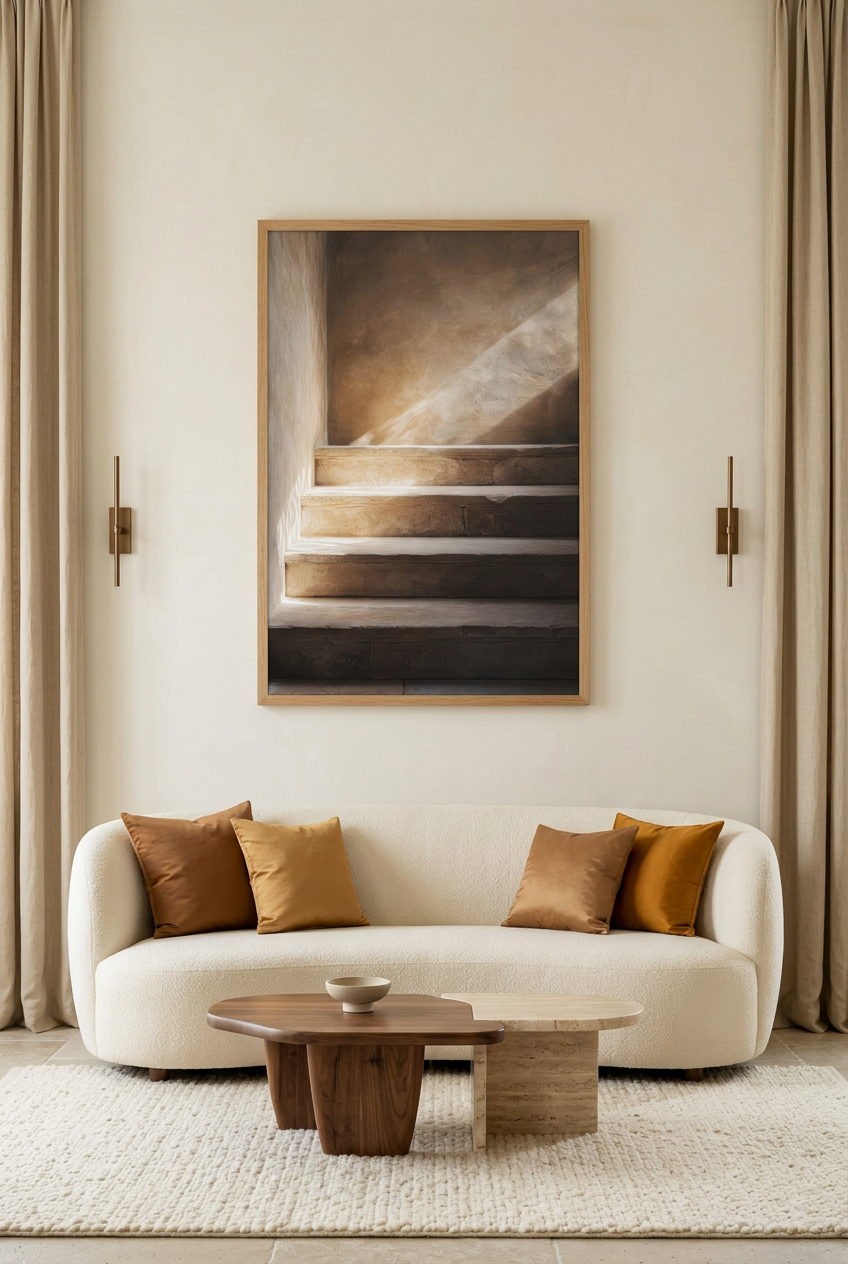 Diagonal — poster in an oak frame above a sofa