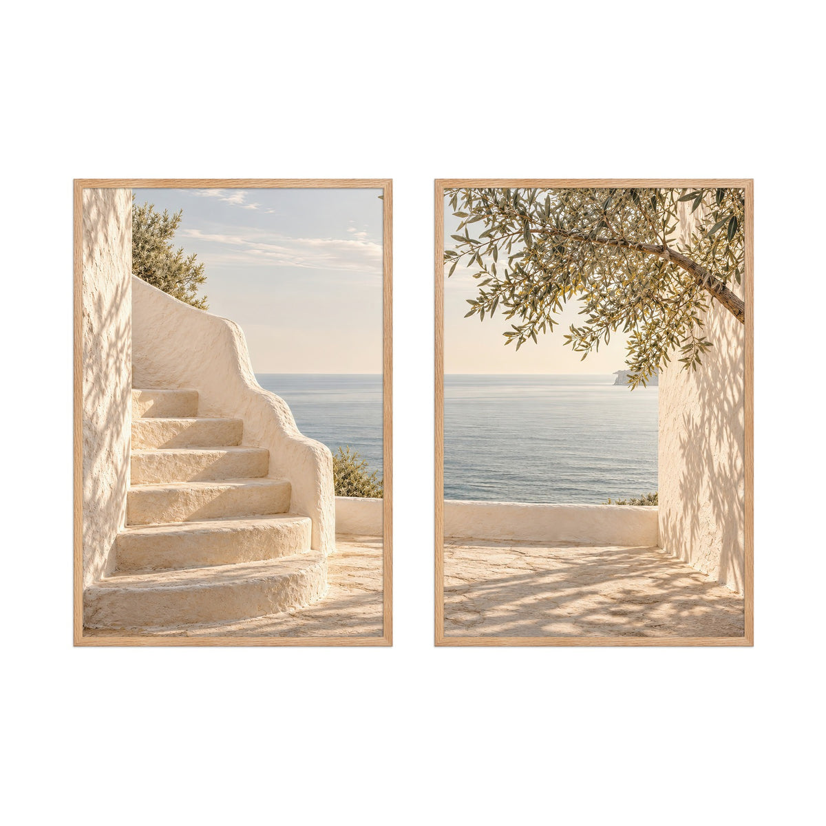 Die Terrasse am Meer — gerahmtes Diptychon, Rahmen aus massiver Eiche