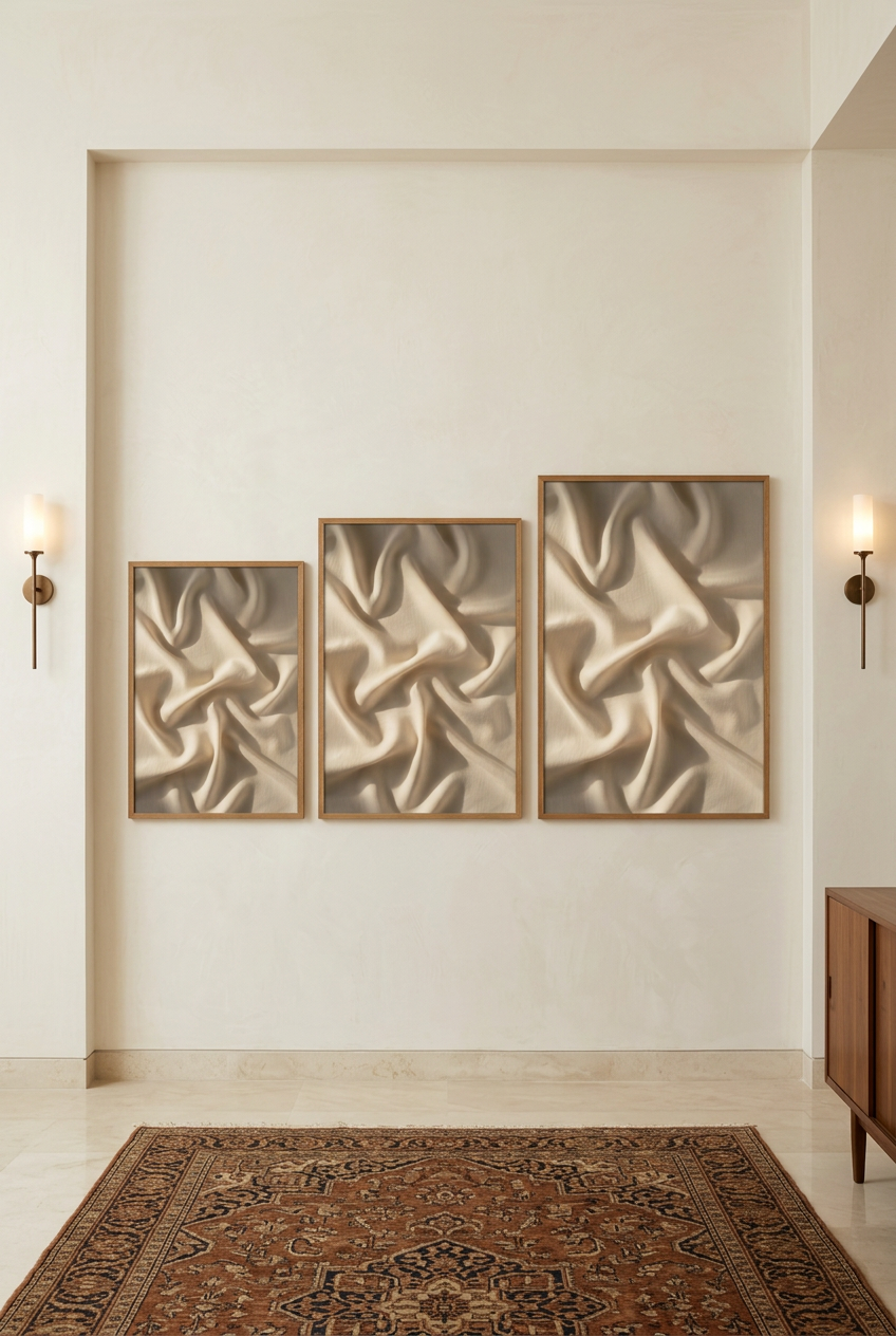 Silk Drape — three sizes of the poster in oak frames