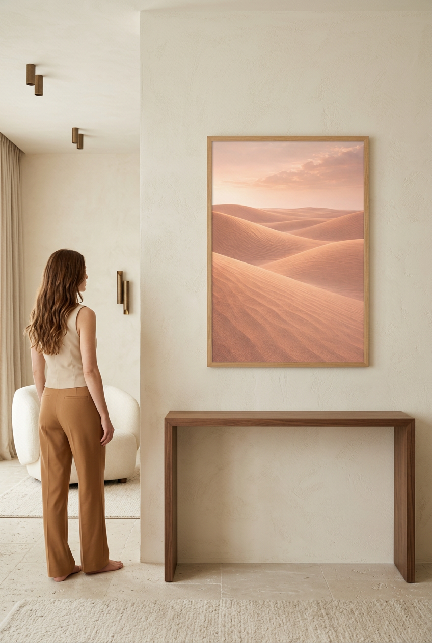 Dunes of Light — woman in front of the poster in an oak frame