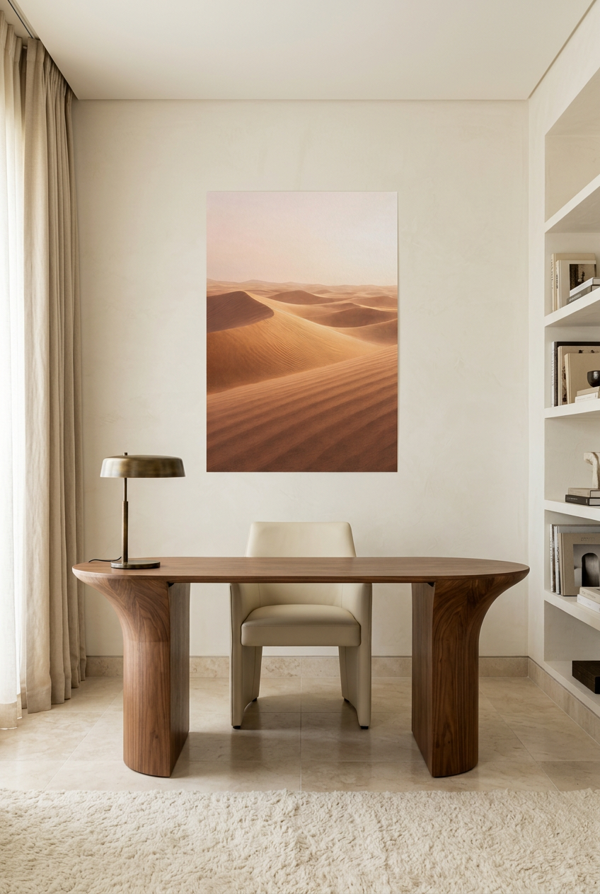 Golden Dunes — unframed poster above a desk