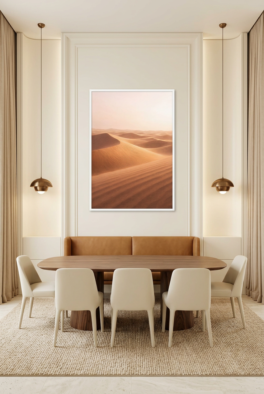 Golden Dunes — poster in a white frame in a dining room