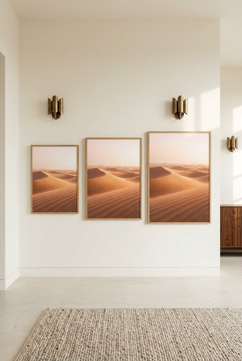 Golden Dunes — three sizes of the poster in oak frames