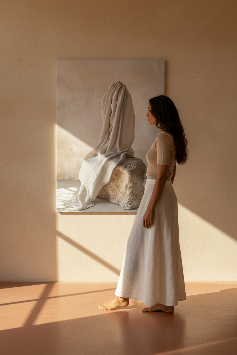 Silhouette in front of the The Veiled Presence poster in an oak frame — ivory linen drapery on raw stone