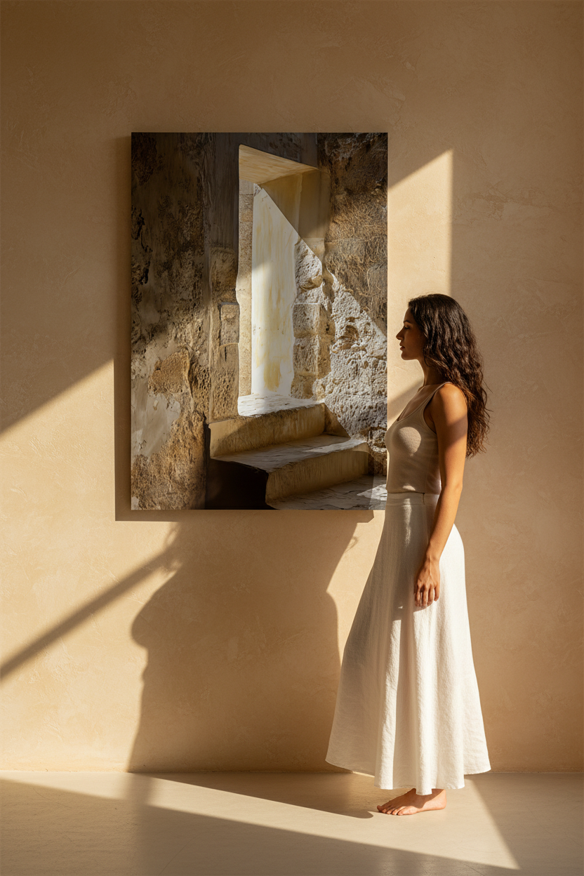 Silhouette in front of the The Arrow Slit poster in an oak frame — limestone embrasure in ochre and sand