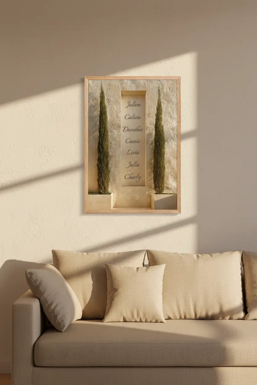 Les Cyprès de Famille — Affiche murale personnalisable prénoms, affiche murale minimaliste avec cadre bois, décoration murale salon ou chambre, style méditerranéen