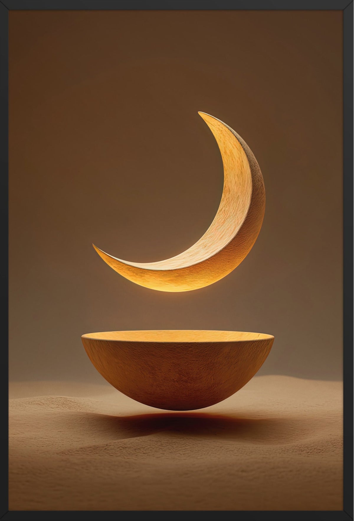 The Moon and the Bowl — framed in black, 61 × 91 cm