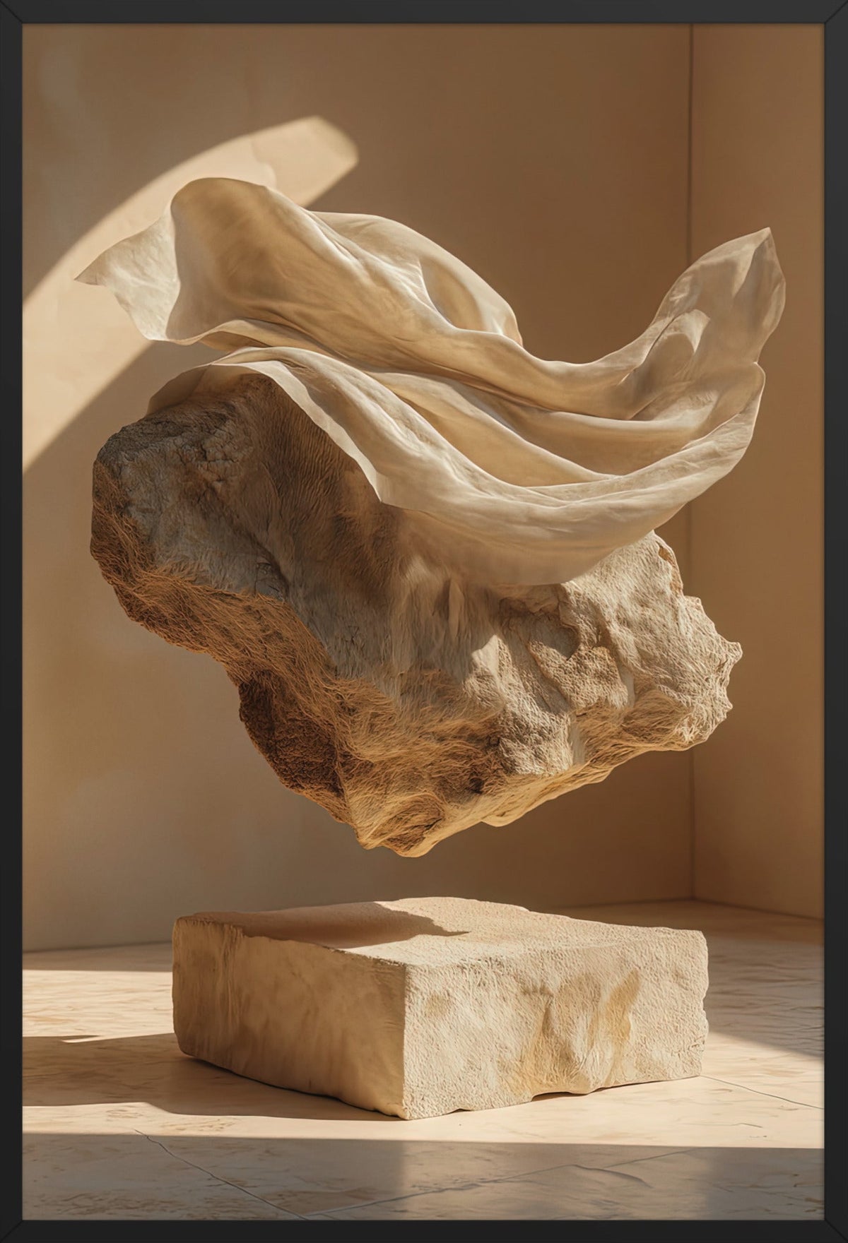 The Veiled Boulder — framed in black, 61 × 91 cm