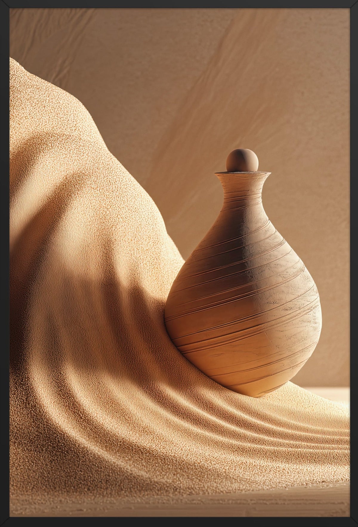 The Flask in the Dunes — framed in black, 61 × 91 cm