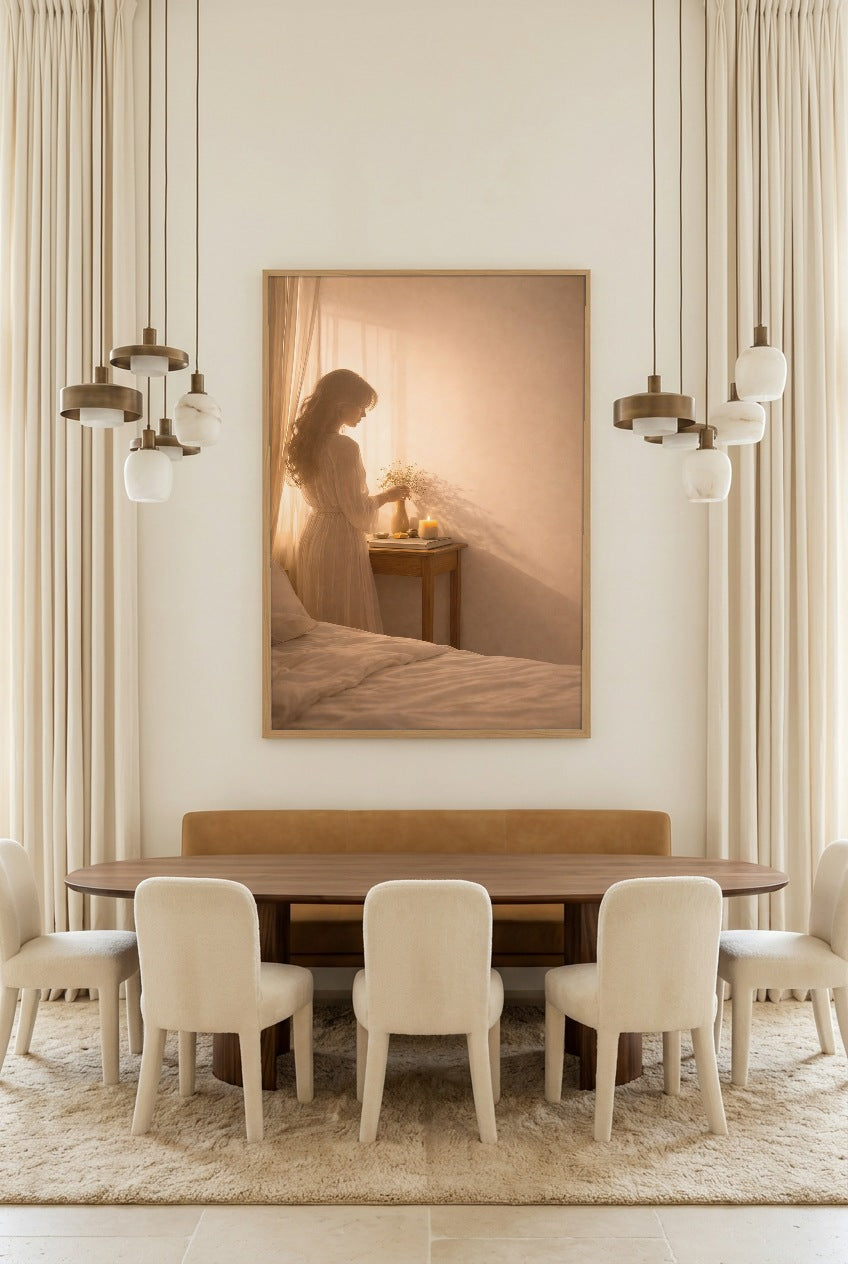 Le Rituel des Fleurs — poster in eikenhouten lijst in een eetkamer