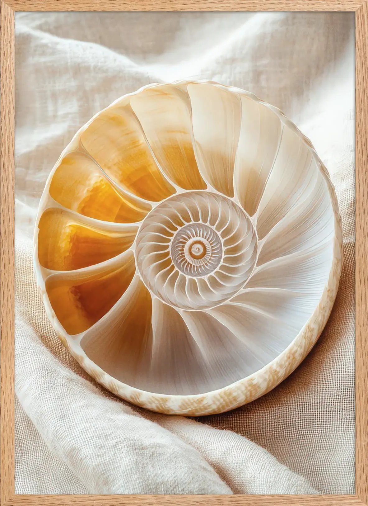 Gouden Nautilus — Minimalistische wandposter ivoor amber zee
