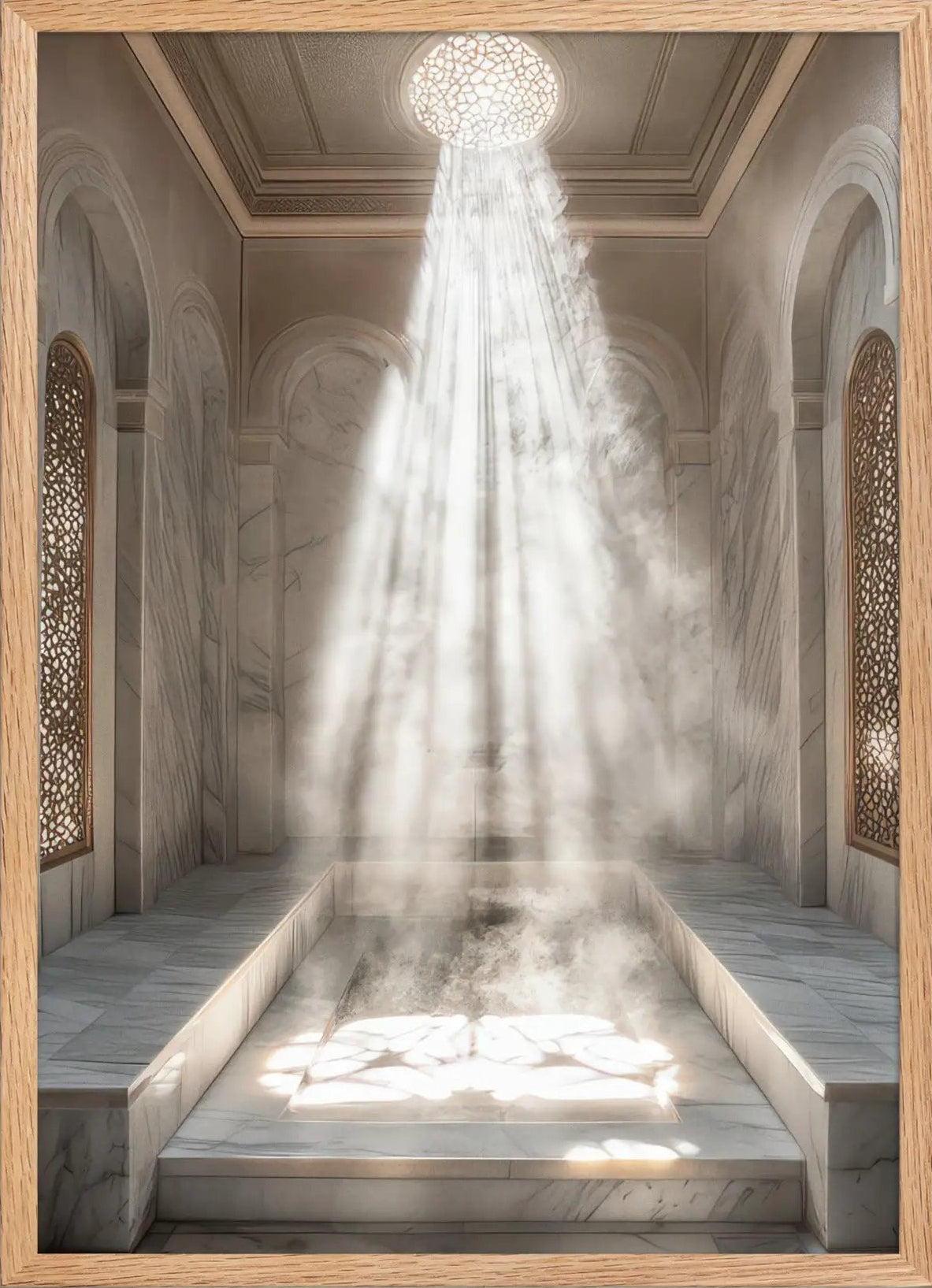 Das Hammam – Gerahmt – Minimalistisches Wandbild in Goldlicht